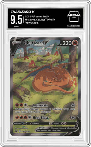 Charizard V from the 2022 Pokemon SWSH set featuring a Ultra Premium Collection parallel graded by Arena Club and given an overall grade of 9.5.