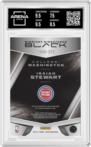 Isaiah Stewart from the 2020-21 Panini Black set graded by Arena Club and given an overall grade of 8.