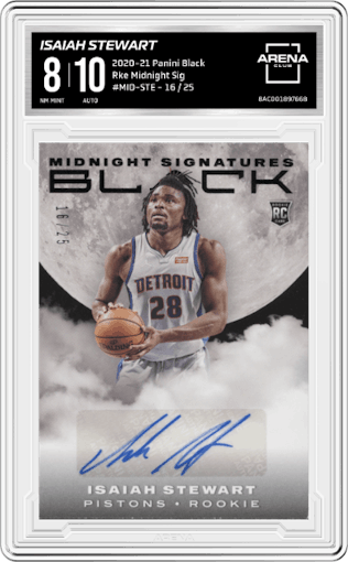 Isaiah Stewart from the 2020-21 Panini Black set graded by Arena Club and given an overall grade of 8.