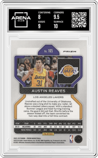 Austin Reaves from the 2021-22 Panini Prizm  set featuring a Premium Factory Set parallel graded by Arena Club and given an overall grade of 8.5.