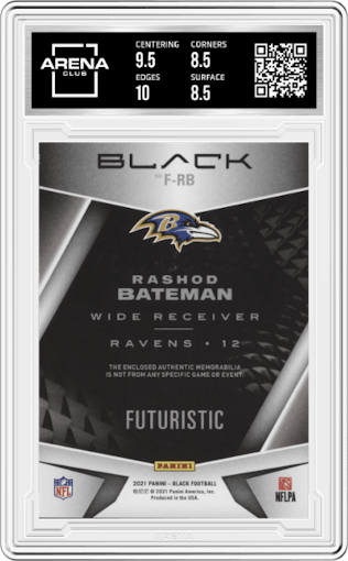 Rashod Bateman from the 2021 Panini Black set featuring a Silver parallel graded by Arena Club and given an overall grade of 9.