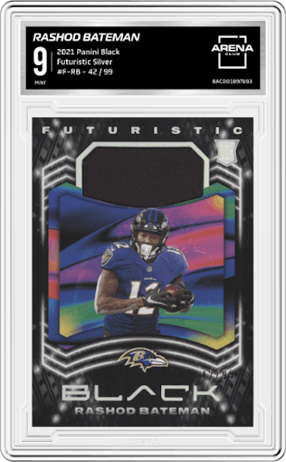 Rashod Bateman from the 2021 Panini Black set featuring a Silver parallel graded by Arena Club and given an overall grade of 9.