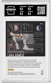 Luka Doncic from the 2020-21 Panini NBA Hoops set graded by Arena Club and given an overall grade of 9.5.