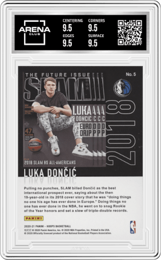 Luka Doncic from the 2020-21 Panini NBA Hoops set graded by Arena Club and given an overall grade of 9.5.