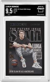 Luka Doncic from the 2020-21 Panini NBA Hoops set graded by Arena Club and given an overall grade of 9.5.