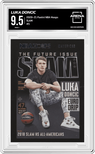 Luka Doncic from the 2020-21 Panini NBA Hoops set graded by Arena Club and given an overall grade of 9.5.