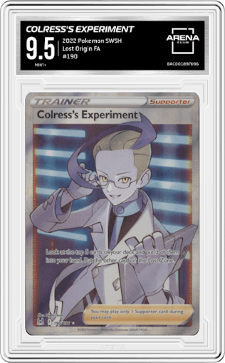 Colress's Experiment from the 2022 Pokemon SWSH set graded by Arena Club and given an overall grade of 9.5.