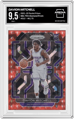 Davion Mitchell from the 2021-22 Panini Prizm  set featuring a  Red NBA 75th Diamond Prizm parallel graded by Arena Club and given an overall grade of 9.5.