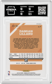 Damian Lillard from the 2019-20 Panini Donruss Optic set featuring a Fast Break Red parallel graded by Arena Club and given an overall grade of 9.