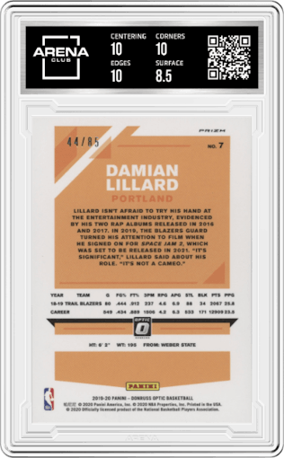 Damian Lillard from the 2019-20 Panini Donruss Optic set featuring a Fast Break Red parallel graded by Arena Club and given an overall grade of 9.