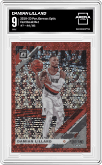 Damian Lillard from the 2019-20 Panini Donruss Optic set featuring a Fast Break Red parallel graded by Arena Club and given an overall grade of 9.