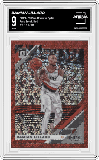 Damian Lillard from the 2019-20 Panini Donruss Optic set featuring a Fast Break Red parallel graded by Arena Club and given an overall grade of 9.