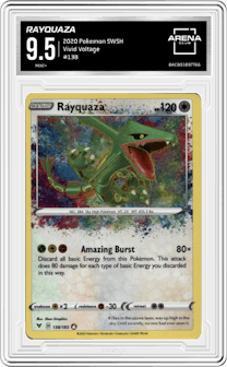 Rayquaza from the 2020 Pokemon SWSH set graded by Arena Club and given an overall grade of 9.5.