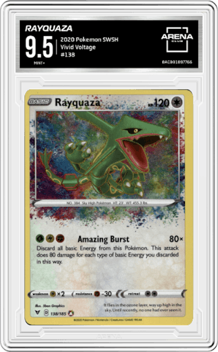 Rayquaza from the 2020 Pokemon SWSH set graded by Arena Club and given an overall grade of 9.5.