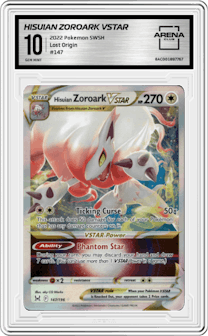 Hisuian Zoroark VSTAR from the 2022 Pokemon SWSH set graded by Arena Club and given an overall grade of 10.
