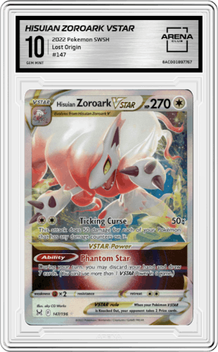 Hisuian Zoroark VSTAR from the 2022 Pokemon SWSH set graded by Arena Club and given an overall grade of 10.