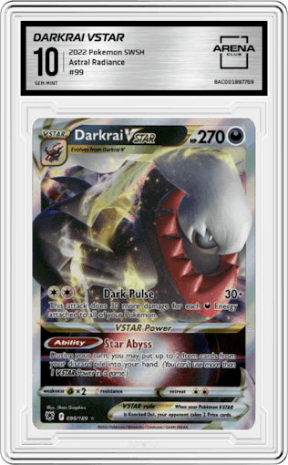 Darkrai Vstar from the 2022 Pokemon SWSH set graded by Arena Club and given an overall grade of 10.