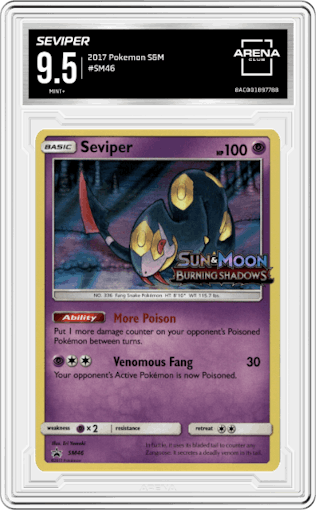 Seviper from the 2017 Pokemon S&M set graded by Arena Club and given an overall grade of 9.5.