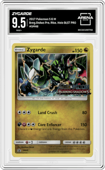 Zygarde from the 2017 Pokemon S & M  set featuring a Burning Shadows Pre. Release parallel graded by Arena Club and given an overall grade of 9.5.