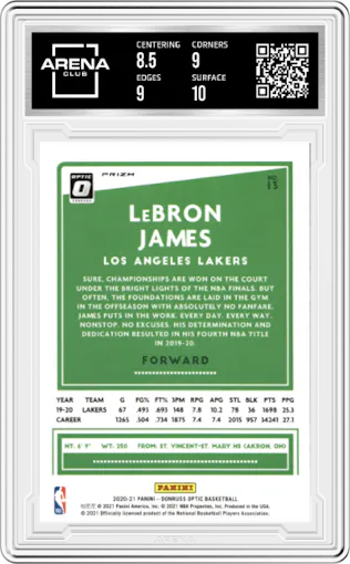 LeBron James from the 2020-21 Panini Donruss Optic set featuring a Box Set parallel graded by Arena Club and given an overall grade of 9.