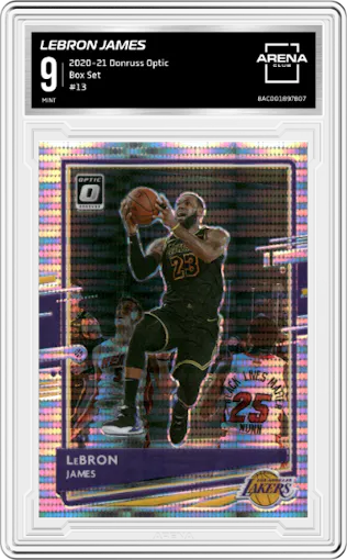 LeBron James from the 2020-21 Panini Donruss Optic set featuring a Box Set parallel graded by Arena Club and given an overall grade of 9.