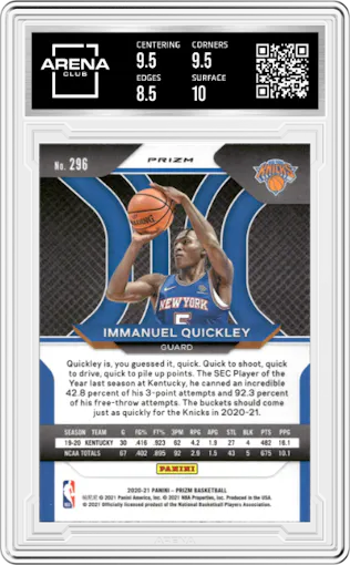 Immanuel Quickley from the 2020-21 Panini Prizm set featuring a Silver Prizm parallel graded by Arena Club and given an overall grade of 9.
