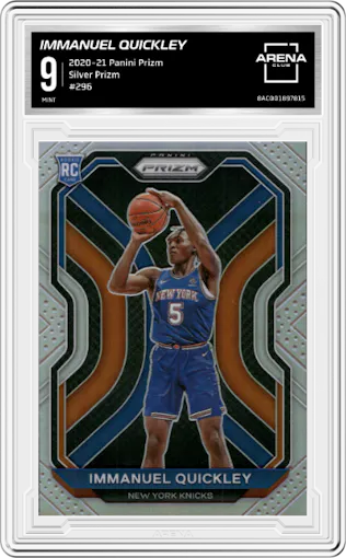 Immanuel Quickley from the 2020-21 Panini Prizm set featuring a Silver Prizm parallel graded by Arena Club and given an overall grade of 9.
