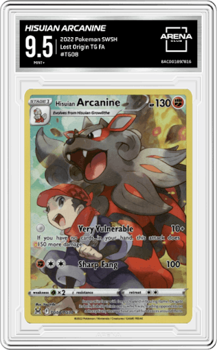 Hisuian Arcanine from the 2022 Pokemon SWSH set graded by Arena Club and given an overall grade of 9.5.