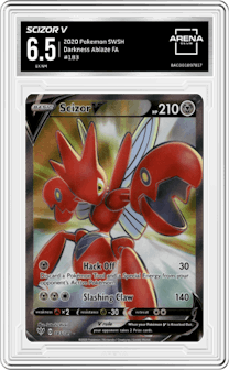 Scizor V from the 2020 Pokemon SWSH set graded by Arena Club and given an overall grade of 6.5.