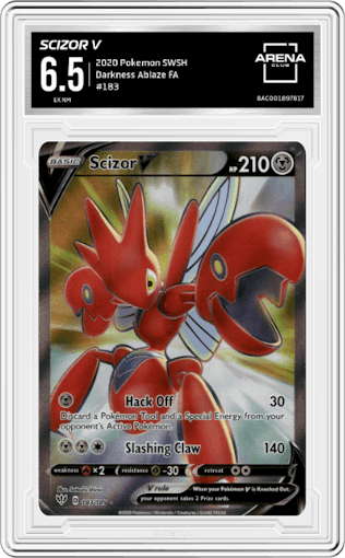 Scizor V from the 2020 Pokemon SWSH set graded by Arena Club and given an overall grade of 6.5.