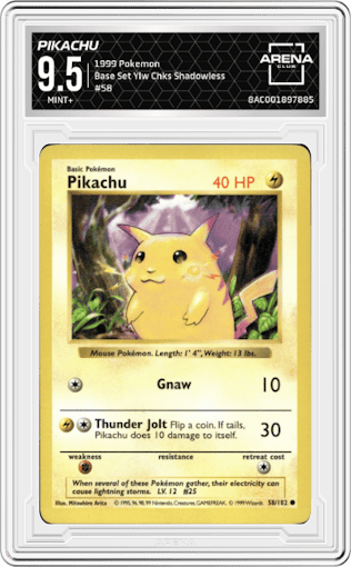 Pikachu from the 1999 Pokemon set featuring a Yellow Cheeks parallel graded by Arena Club and given an overall grade of 9.5.
