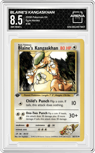 Blaine's Kangaskhan from the 2000 Pokemon GH set graded by Arena Club and given an overall grade of 8.5.