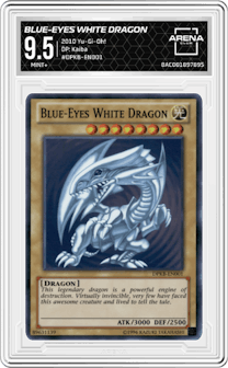 Blue-Eyes White Dragon from the 2010 Yu-Gi-Oh! set graded by Arena Club and given an overall grade of 9.5.