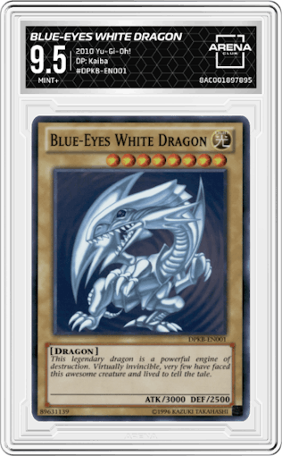 Blue-Eyes White Dragon from the 2010 Yu-Gi-Oh! set graded by Arena Club and given an overall grade of 9.5.