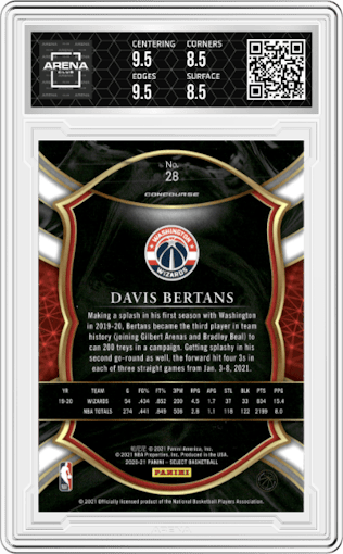 Davis Bertans from the 2020-21 Panini Select  set featuring a Blue Retail parallel graded by Arena Club and given an overall grade of 9.