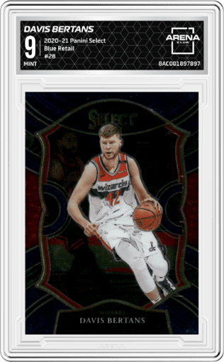 Davis Bertans from the 2020-21 Panini Select  set featuring a Blue Retail parallel graded by Arena Club and given an overall grade of 9.
