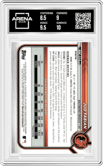 Jud Fabian from the 2022 Bowman Draft set featuring a Refractor parallel graded by Arena Club and given an overall grade of 9.