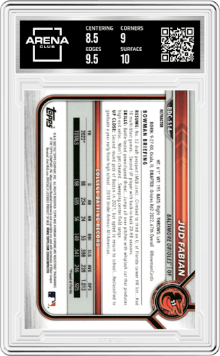 Jud Fabian from the 2022 Bowman Draft set featuring a Refractor parallel graded by Arena Club and given an overall grade of 9.