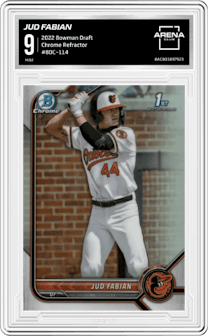 Jud Fabian from the 2022 Bowman Draft set featuring a Refractor parallel graded by Arena Club and given an overall grade of 9.