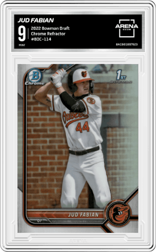 Jud Fabian from the 2022 Bowman Draft set featuring a Refractor parallel graded by Arena Club and given an overall grade of 9.