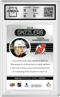 Yegor Sharangovich from the 2022-23 Upper Deck  set graded by Arena Club and given an overall grade of 10.