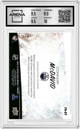 Connor McDavid from the 2022-23 Upper Deck  set graded by Arena Club and given an overall grade of 10.
