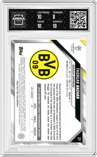 Thorgan Hazard from the 2021-22 Topps UEFA CL set graded by Arena Club and given an overall grade of 8.5.