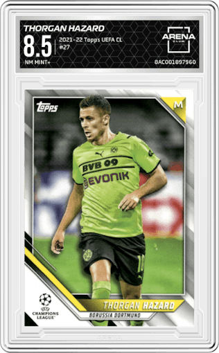 Thorgan Hazard from the 2021-22 Topps UEFA CL set graded by Arena Club and given an overall grade of 8.5.
