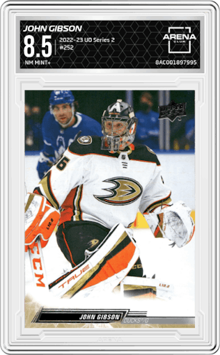 John Gibson from the 2022-23 Upper Deck Series 2 set graded by Arena Club and given an overall grade of 8.5.