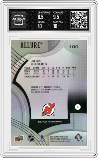 Jack Hughes from the 2021-22 Upper Deck Allure set featuring a Black Rainbow parallel graded by Arena Club and given an overall grade of 9.