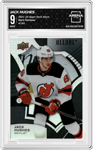 Jack Hughes from the 2021-22 Upper Deck Allure set featuring a Black Rainbow parallel graded by Arena Club and given an overall grade of 9.