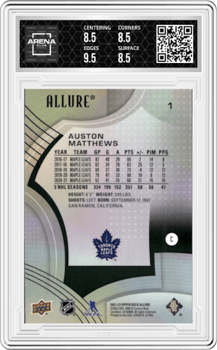  Auston Matthews from the 2021-22 Upper Deck Allure set graded by Arena Club and given an overall grade of 9.