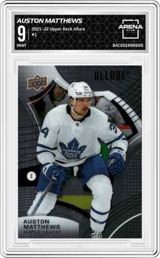  Auston Matthews from the 2021-22 Upper Deck Allure set graded by Arena Club and given an overall grade of 9.
