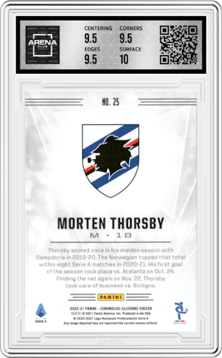 Morten Thorsby from the 2020-21 Panini Chronicles set graded by Arena Club and given an overall grade of 10.